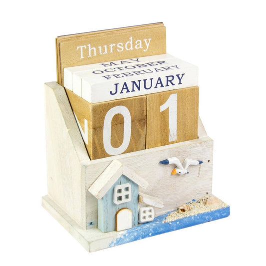 15cm 3D Wooden Desk Calendar Wooden Cottage Harbourside Houses with Sea Gull Nautical Sea Decor Calendar Coastal Scene Beach Theme