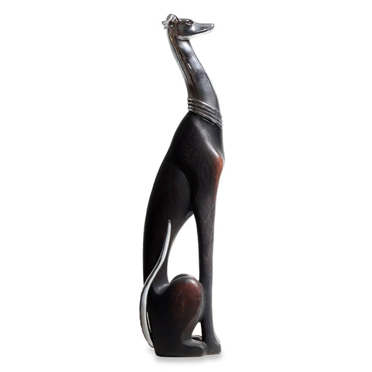 50cm Elegant Tall Slim Sitting Dog Statue Greyhound Silver Ornament Dog Lovers Whippet Figurine Sitting Greyhound