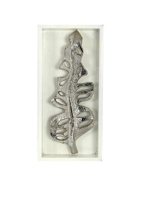 Silver Palm Leaf Shadow Box Wall Mounted Silver Leaf Shape Wooden Frame Decor