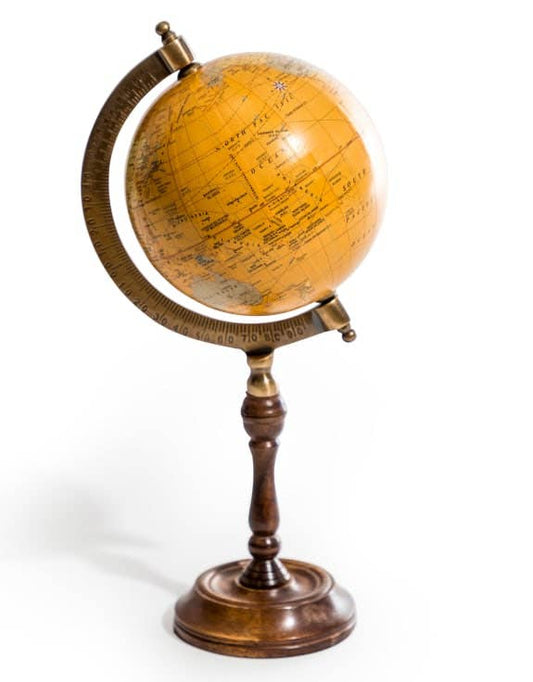 31cm Antique Gold Globe on Polished Wood Stand 3D world map planet earth Mustard