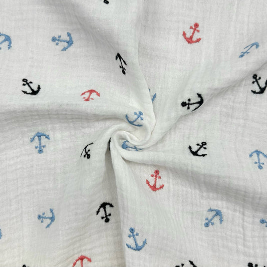 Embroidered Ivory White Double Gauze Fabric 53" Colourful Embroidered Anchors Nautical 53" Sailor Print cotton muslin baby clothes per meter