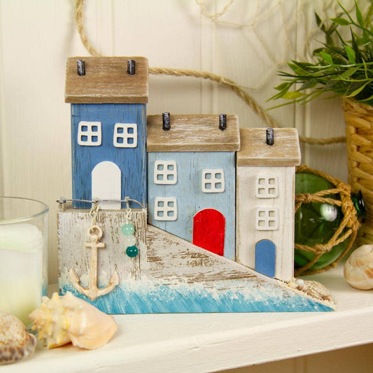 3 Wooden Harbour Cottages Harbourside Houses Driftwood Anchor Nautical Sea Decor