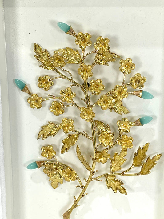 30cm Gold Shadow Box Aqua Chalcedony Gemstones Sculpture Wall Mounted Floral