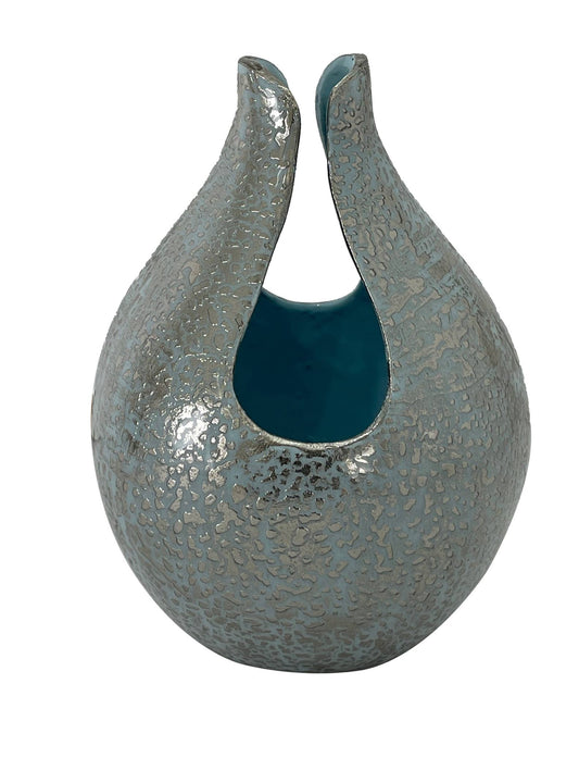 Elegant Teal Blue & Silver Vase Abstract Vase Metallic Finish Modern Textured