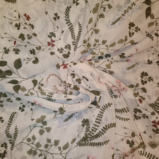 3 meters Beautiful Botanicals Leaves Vines Chiffon Dressmaking Fabric 56" Red and Olive Green Print Leaf sold per meter dressmaking garden