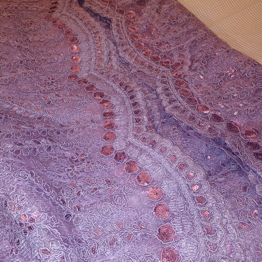 Gorgeous Lilac Purple Trailing Leaf Embroidered Lace Mesh Fabric with Sequins Bridal Wedding Costume Prom Dress Fabric Princess Dress Gown