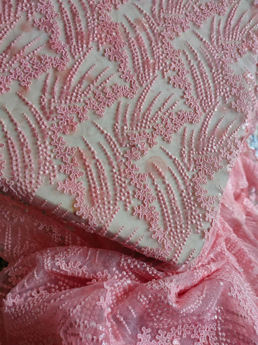 Pale Light Pink Sequin Floral Lace Fabric with Sequins sold per meter Bridal Wedding Costume Prom Dress Fabric Princess Dress Evening Gown