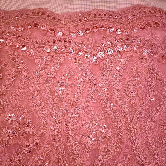 Gorgeous Pink Trailing Leaf Embroidered Lace Mesh Fabric with Sequins Bridal Wedding Costume Prom Dress Fabric Princess Dress Gown