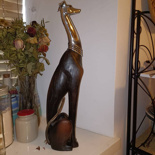 50cm Elegant Tall Slim Sitting Dog Statue Greyhound Silver Ornament Dog Lovers Whippet Figurine Sitting Greyhound