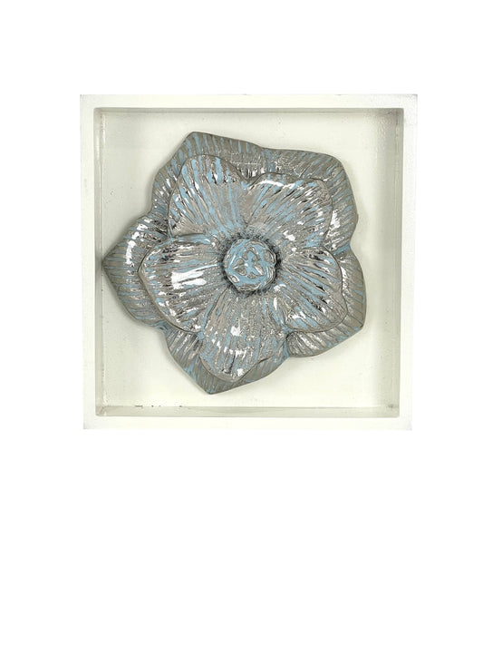 15cm Silver & Pale Blue Shadow Box Wall Mounted Silver Decor Framed Flower