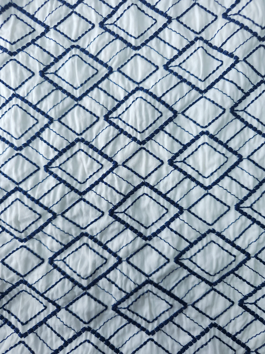 Premium Quality Blue and White Embroidered Diamond Pattern Cotton Fabric 58" sold per meter