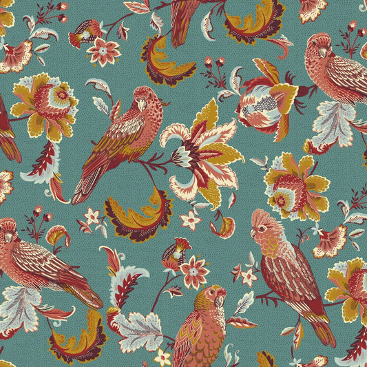 Organic Teal Floral Bird Cotton Poplin Fabric 57" Quilting Dressmaking Garden sold per meter animal print sold per meter